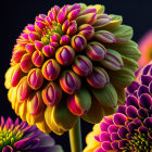 Colorful Yellow and Purple Dahlia Close-Up on Dark Background