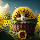 Adorable animated kitten in sunflower hat among sunflowers