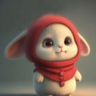 Animated bunny in red winter hat and scarf in snowy landscape