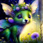 Enchanted forest scene with fawn-like creature, floral crown, and wings