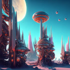 Alien landscape with organic structures, moon, crafts, and warm sky