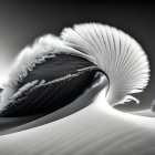 Monochromatic surreal wave structure with feather-like details amid mountainous backdrop