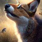 Anthropomorphic fox with human-like eyes and earring in golden grassy field