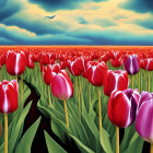 Colorful Field of Red and Purple Tulips under Dramatic Sky