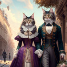 Anthropomorphic cats in 19th-century attire on cobblestone street