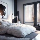 Modern Bedroom with Large Bed, White Bedding, Grey Walls, Large Woman Artwork, Big Windows