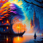 Colorful Tree Canopy & Pagoda Boat House in Fantasy Waterscape