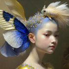 Young girl fantasy portrait with fish and butterfly elements in intricate detail