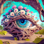 Surreal landscape with giant eye, trees, mushrooms, and roots