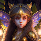 Child in Golden Headdress with Fairy Wings in Enchanted Forest