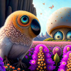 Whimsical fluffy creature with owl-like features in enchanted setting