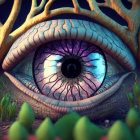 Detailed blue eye in fantastical landscape with green creatures.