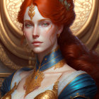 Regal woman with fiery red hair in ornate gold and blue gown