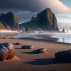 Tranquil misty beach scene with sea stacks, boulders, and wet sand