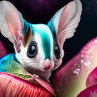 Colorful digital artwork of whimsical mouse-like creature with large ears and eyes and water droplets on