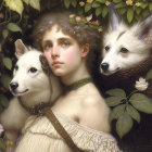 Portrait of woman with flowers in hair, white dogs, bird, and butterflies in nature scene