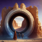 Explorers discover futuristic portal in desert with alien planets.