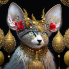 Fantasy cat with golden jewelry, crown, and red flowers in digital art