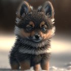 Fluffy black and brown puppy surrounded by white spheres