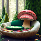 Whimsical illustration of cozy mushroom seating in lush forest