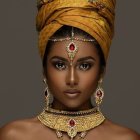 Intricate golden headdress and traditional attire on woman