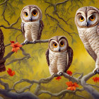 Stylized owls on branch with autumn leaves and orange flowers