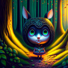 Illustration: Large-eyed creature with cat ears in mystical forest