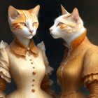 Anthropomorphic cats in vintage dresses against dark backdrop