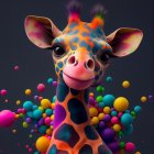 Colorful Giraffe Illustration with Whimsical Foliage and Flowers