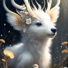 Majestic white creature with flowers, butterflies, and mushrooms