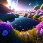 Fantasy landscape with starry sky, two moons, serene lake, purple & yellow flowers