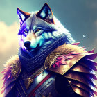 Stylized digital artwork: anthropomorphic wolf in ornate armor against sky with floating embers