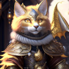 Fantasy cat in ornate armor and jeweled crown against grand backdrop