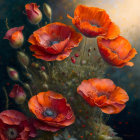 Vibrant red-orange poppies in digital painting