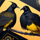 Stylized black and yellow birds on branch with ornate feathers against clock motifs.