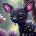 Illustration of whimsical creature with sparkling eyes and gemstone-adorned fur in magical flora.