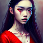 Digital artwork featuring woman in red makeup and dress against blue highlights