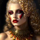 Blonde woman with dramatic makeup and golden leaf necklace on dark background