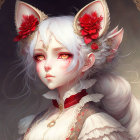 White anthropomorphic feline with red eyes and floral adornments on brown background