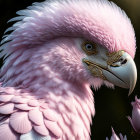 Stylized pink feathered eagle with metallic facial details on dark background