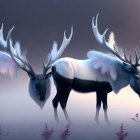 Mystical white reindeer with ornate antlers in twilight landscape.