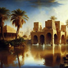 Tranquil Oriental scene with arched bridge, palm trees, sailboats, traditional architecture, and