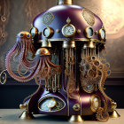 Steampunk octopus machine with gears, clocks, and tentacles on vintage background