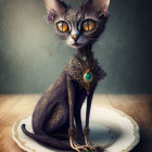 Slender cat with mystical jewelry on elegant plate.