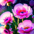 Pink Flowers with Dewdrops on Petals in Bokeh Background