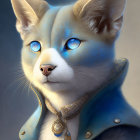 Regal anthropomorphic cat with blue fur and ornate attire