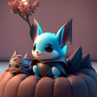 Adorable animated bat-fox creatures on pumpkin with flower decorations