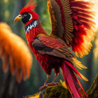 Colorful Fantastical Bird with Red and Brown Plumage Perched in Forest