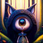 Whimsical large-eyed character in enchanted forest