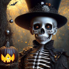 Stylized skeleton in top hat and suit with Halloween decorations in spooky forest